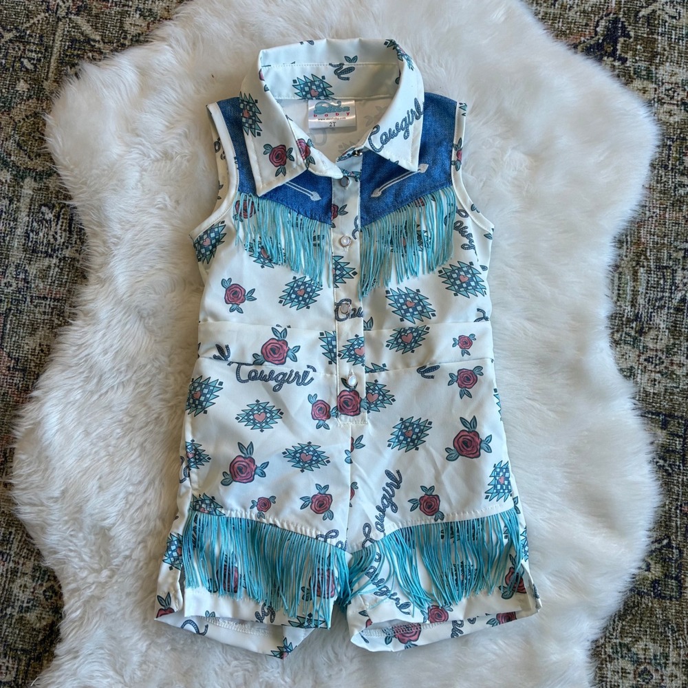 Shea Baby Girls Western Romper 2T Cowgirl Fringe Rose Denim costume outfit